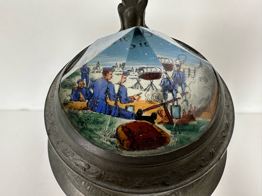 Antique 1905-1907 Regimental Beer Stein Of The Imperial German Army With Lithophane Bottom And Unusual Prism Scene Finial Top 9.5H - See Photos Bottom Of Lithophane Is Cracked [Photo 6]