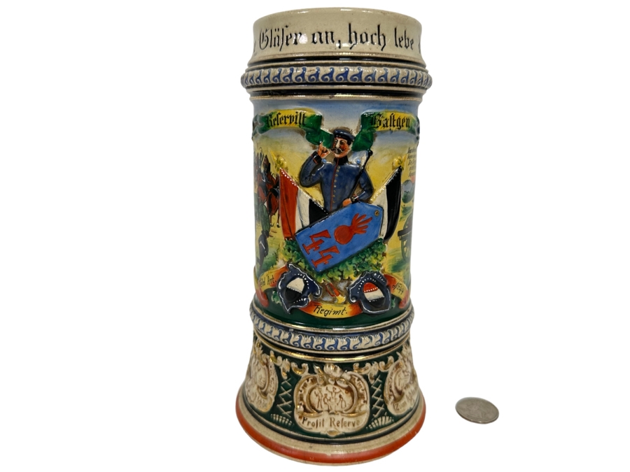 Antique 1909-1911 Regimental Beer Stein Of The Imperial German Army Artillery Regiment #44 8H - See Photos Handle Has Been Repaired [Photo 1]