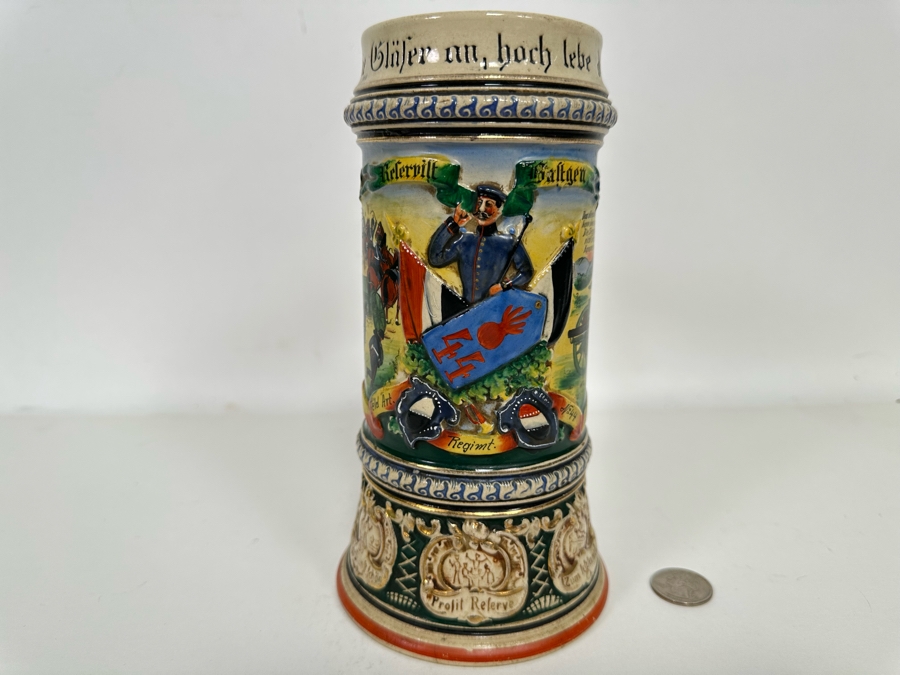 Antique 1909-1911 Regimental Beer Stein Of The Imperial German Army Artillery Regiment #44 8H - See Photos Handle Has Been Repaired [Photo 2]