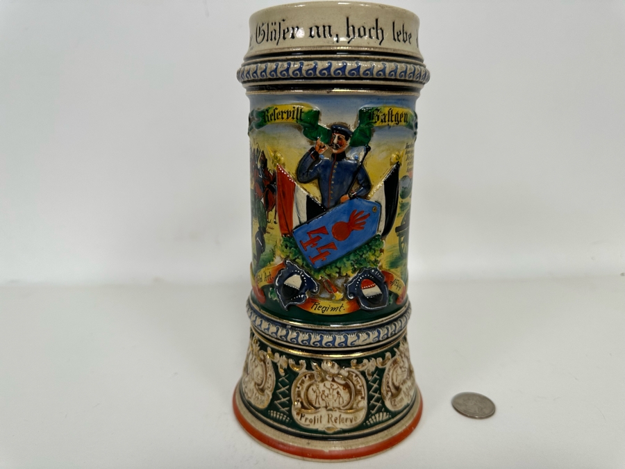 Antique 1909-1911 Regimental Beer Stein Of The Imperial German Army Artillery Regiment #44 8H - See Photos Handle Has Been Repaired [Photo 3]