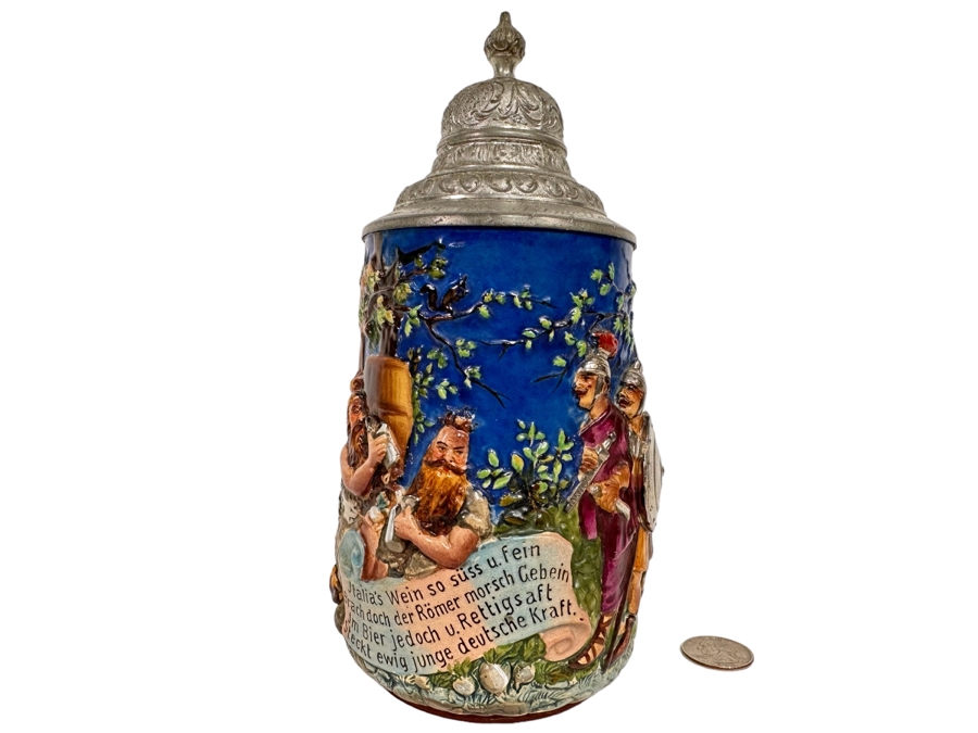 Antique German Beer Stein With Roman Soldiers By Gesetzlich Geschutzt Germany 1268 8.5H [Photo 1]