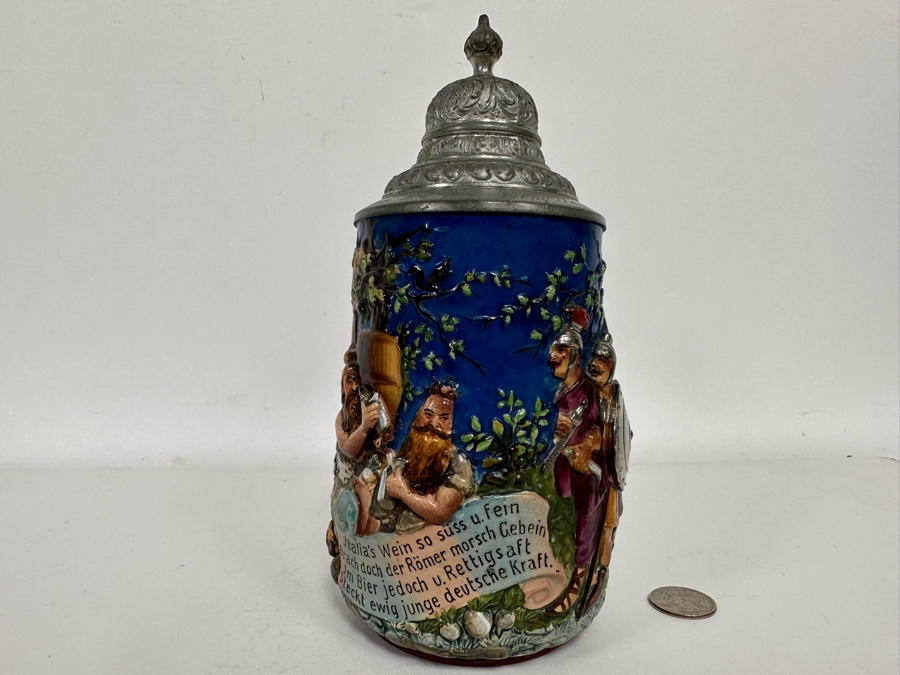 Antique German Beer Stein With Roman Soldiers By Gesetzlich Geschutzt Germany 1268 8.5H [Photo 3]