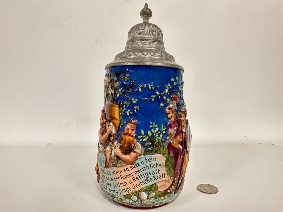 Antique German Beer Stein With Roman Soldiers By Gesetzlich Geschutzt Germany 1268 8.5H [Photo 2]
