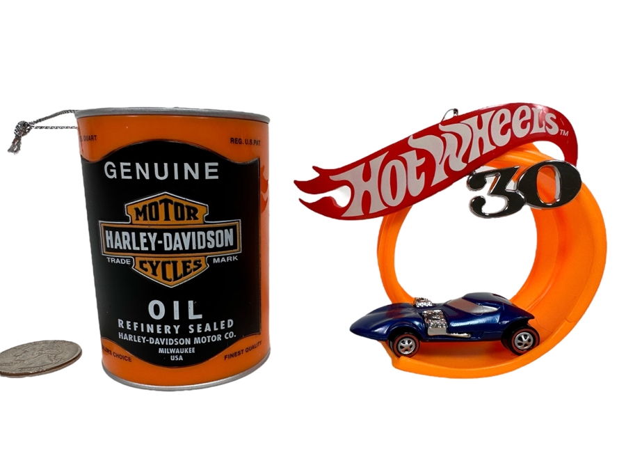 Christmas Ornaments: Mattel Hot Wheels 30 Year Anniversary Ornament And Harley-Davidson Motorcycles Oil Ornament [Photo 1]