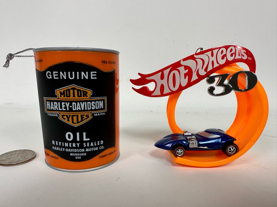 Christmas Ornaments: Mattel Hot Wheels 30 Year Anniversary Ornament And Harley-Davidson Motorcycles Oil Ornament [Photo 2]