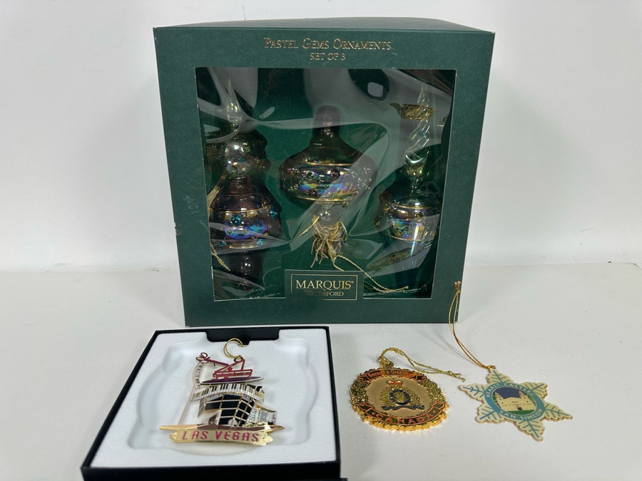 Christmas Ornaments: New Marquis By Waterford Ornaments, Liberace Las Vegas Ornament With Box, Royal Canadian Mounted Police Ornament And Hearst Castle Ornament [Photo 3]
