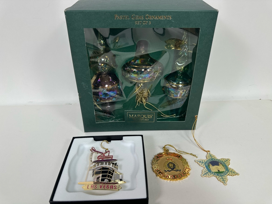 Christmas Ornaments: New Marquis By Waterford Ornaments, Liberace Las Vegas Ornament With Box, Royal Canadian Mounted Police Ornament And Hearst Castle Ornament [Photo 2]