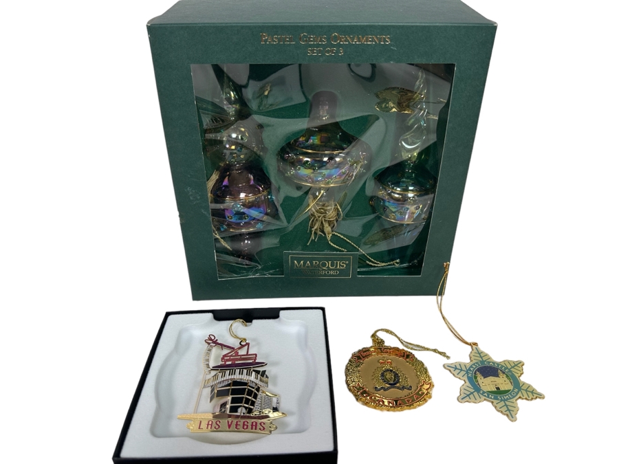 Christmas Ornaments: New Marquis By Waterford Ornaments, Liberace Las Vegas Ornament With Box, Royal Canadian Mounted Police Ornament And Hearst Castle Ornament