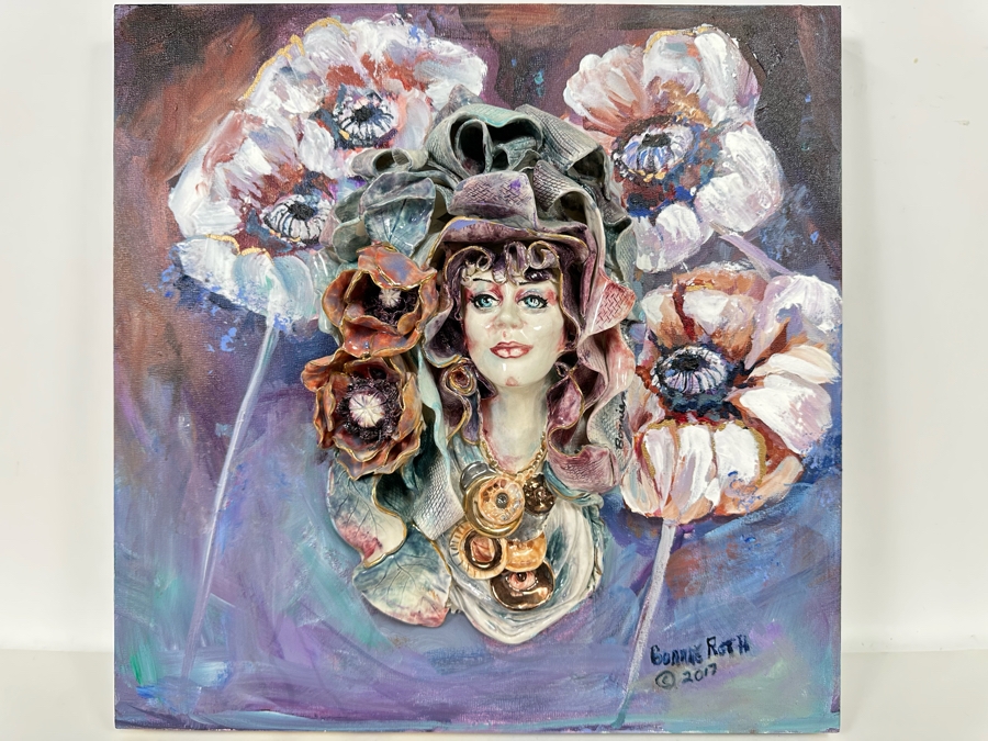 Bonnie Lee Roth (B. 1942, Southern California) Original Mixed-Media 3D Sculpture Mounted On Painted Board Of Woman Surrounded By Flowers 2017 18W X 18H X 4D [Photo 3]