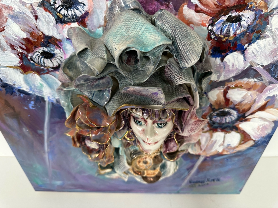 Bonnie Lee Roth (B. 1942, Southern California) Original Mixed-Media 3D Sculpture Mounted On Painted Board Of Woman Surrounded By Flowers 2017 18W X 18H X 4D [Photo 12]