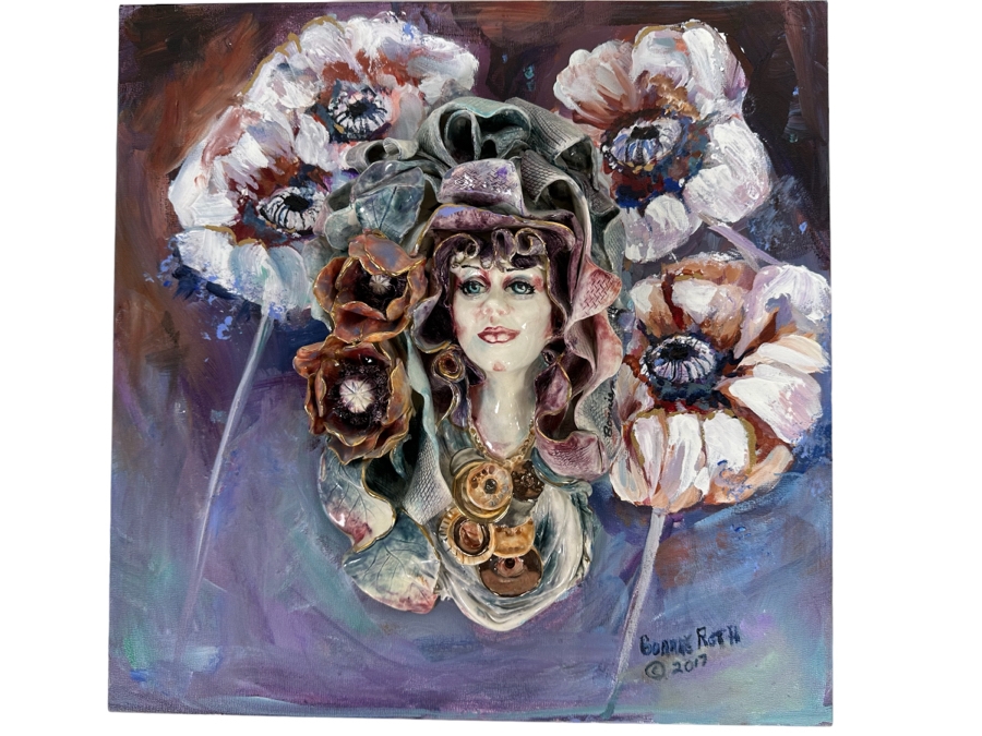 Bonnie Lee Roth (B. 1942, Southern California) Original Mixed-Media 3D Sculpture Mounted On Painted Board Of Woman Surrounded By Flowers 2017 18W X 18H X 4D [Photo 2]