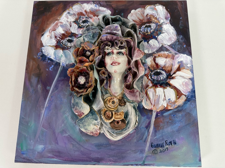 Bonnie Lee Roth (B. 1942, Southern California) Original Mixed-Media 3D Sculpture Mounted On Painted Board Of Woman Surrounded By Flowers 2017 18W X 18H X 4D [Photo 28]