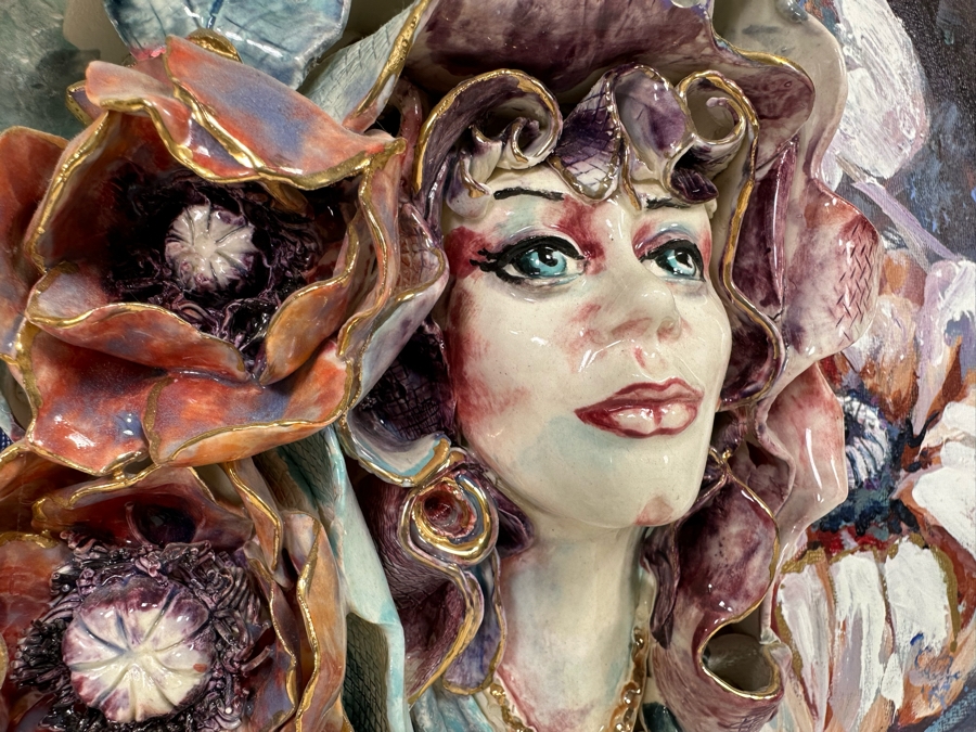 Bonnie Lee Roth (B. 1942, Southern California) Original Mixed-Media 3D Sculpture Mounted On Painted Board Of Woman Surrounded By Flowers 2017 18W X 18H X 4D [Photo 17]