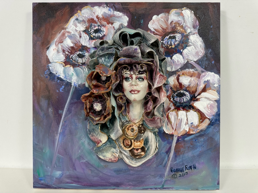 Bonnie Lee Roth (B. 1942, Southern California) Original Mixed-Media 3D Sculpture Mounted On Painted Board Of Woman Surrounded By Flowers 2017 18W X 18H X 4D [Photo 4]