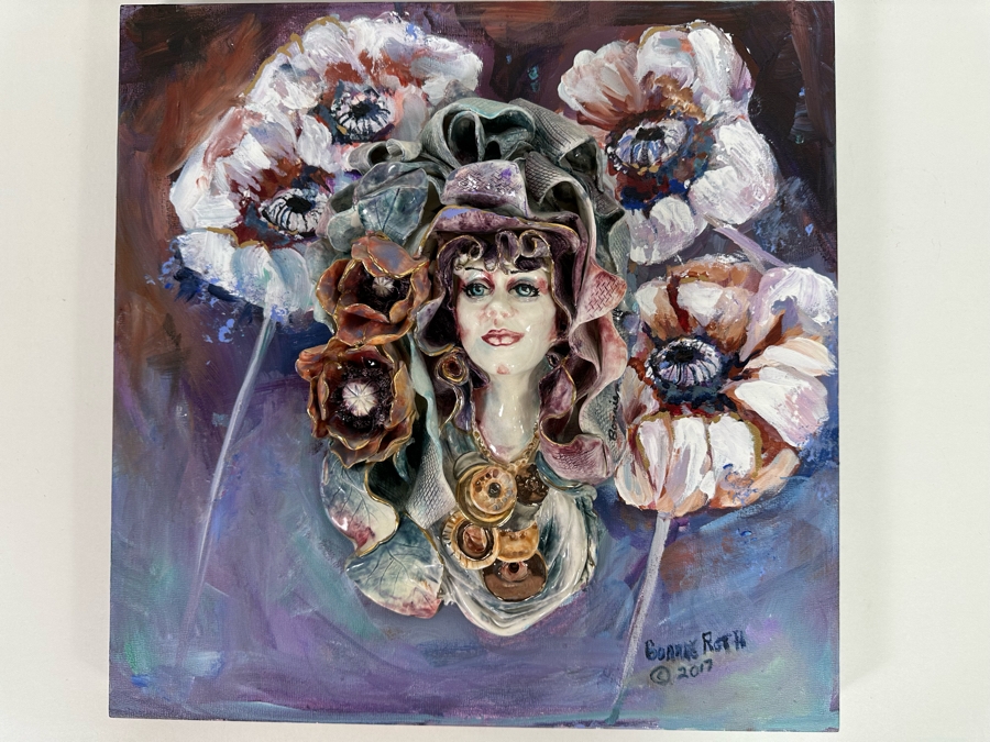 Bonnie Lee Roth (B. 1942, Southern California) Original Mixed-Media 3D Sculpture Mounted On Painted Board Of Woman Surrounded By Flowers 2017 18W X 18H X 4D [Photo 30]