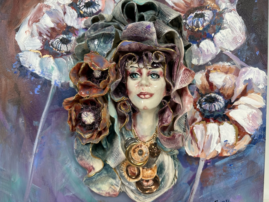 Bonnie Lee Roth (B. 1942, Southern California) Original Mixed-Media 3D Sculpture Mounted On Painted Board Of Woman Surrounded By Flowers 2017 18W X 18H X 4D [Photo 5]