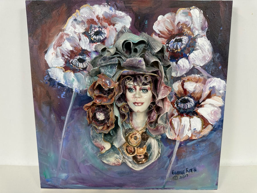 Bonnie Lee Roth (B. 1942, Southern California) Original Mixed-Media 3D Sculpture Mounted On Painted Board Of Woman Surrounded By Flowers 2017 18W X 18H X 4D [Photo 15]