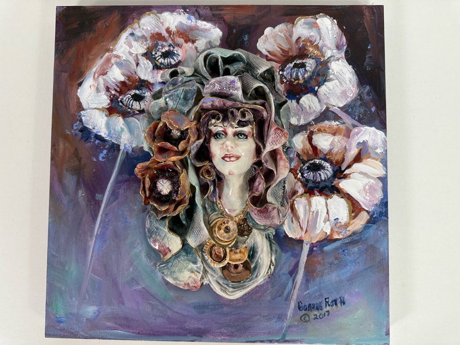 Bonnie Lee Roth (B. 1942, Southern California) Original Mixed-Media 3D Sculpture Mounted On Painted Board Of Woman Surrounded By Flowers 2017 18W X 18H X 4D [Photo 29]