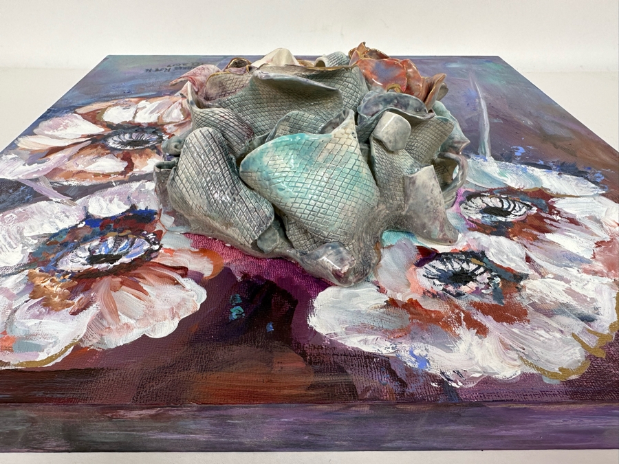Bonnie Lee Roth (B. 1942, Southern California) Original Mixed-Media 3D Sculpture Mounted On Painted Board Of Woman Surrounded By Flowers 2017 18W X 18H X 4D [Photo 24]