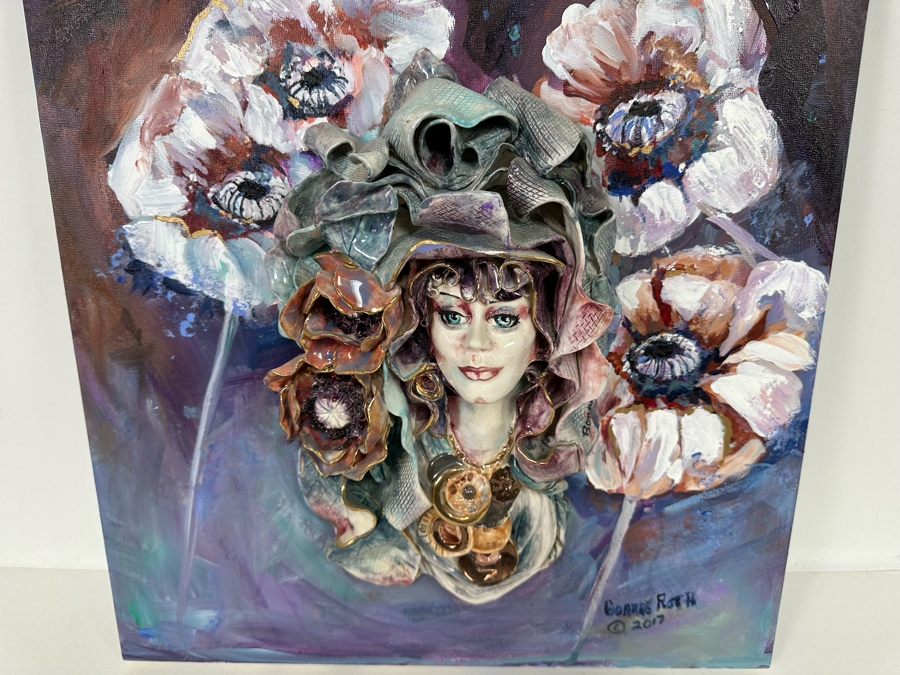 Bonnie Lee Roth (B. 1942, Southern California) Original Mixed-Media 3D Sculpture Mounted On Painted Board Of Woman Surrounded By Flowers 2017 18W X 18H X 4D [Photo 14]
