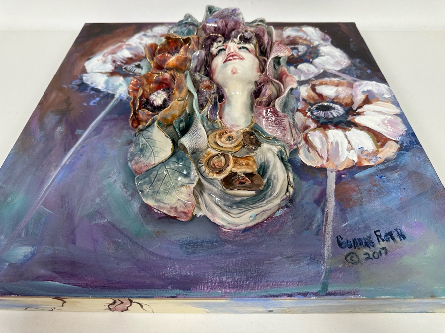 Bonnie Lee Roth (B. 1942, Southern California) Original Mixed-Media 3D Sculpture Mounted On Painted Board Of Woman Surrounded By Flowers 2017 18W X 18H X 4D [Photo 25]
