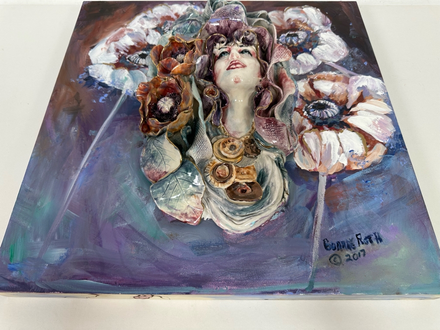 Bonnie Lee Roth (B. 1942, Southern California) Original Mixed-Media 3D Sculpture Mounted On Painted Board Of Woman Surrounded By Flowers 2017 18W X 18H X 4D [Photo 27]