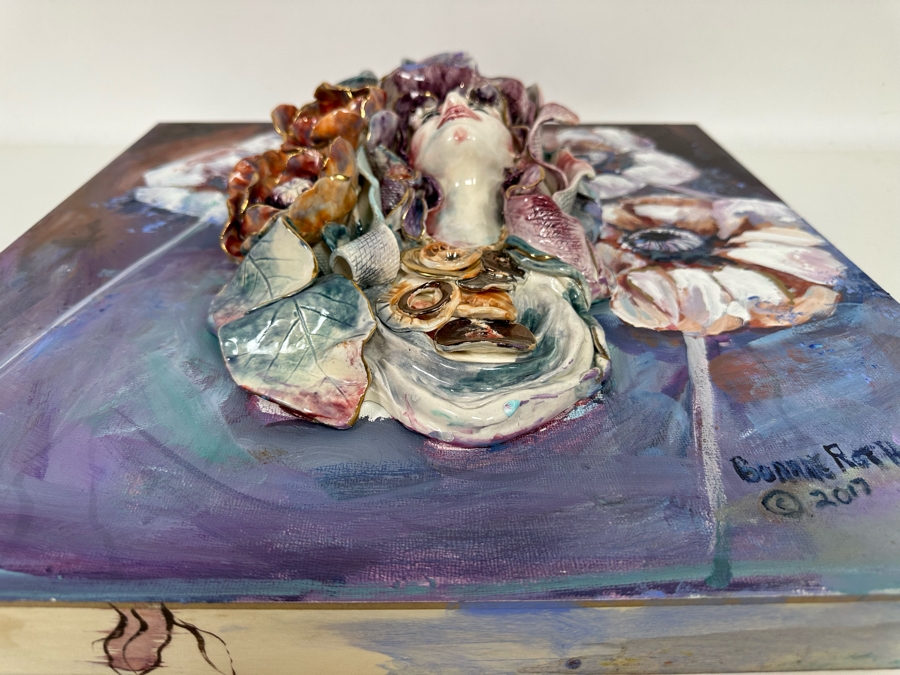 Bonnie Lee Roth (B. 1942, Southern California) Original Mixed-Media 3D Sculpture Mounted On Painted Board Of Woman Surrounded By Flowers 2017 18W X 18H X 4D [Photo 26]