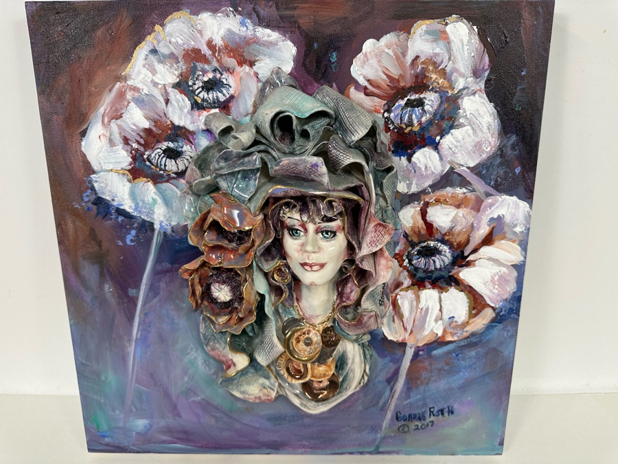 Bonnie Lee Roth (B. 1942, Southern California) Original Mixed-Media 3D Sculpture Mounted On Painted Board Of Woman Surrounded By Flowers 2017 18W X 18H X 4D [Photo 16]