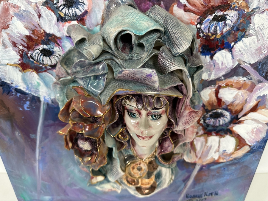 Bonnie Lee Roth (B. 1942, Southern California) Original Mixed-Media 3D Sculpture Mounted On Painted Board Of Woman Surrounded By Flowers 2017 18W X 18H X 4D [Photo 13]