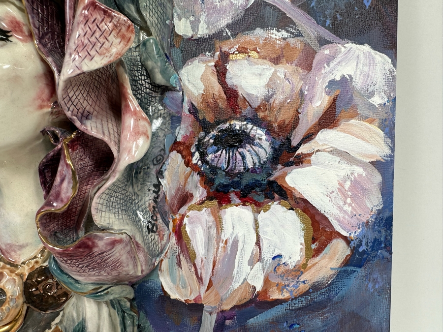 Bonnie Lee Roth (B. 1942, Southern California) Original Mixed-Media 3D Sculpture Mounted On Painted Board Of Woman Surrounded By Flowers 2017 18W X 18H X 4D [Photo 11]