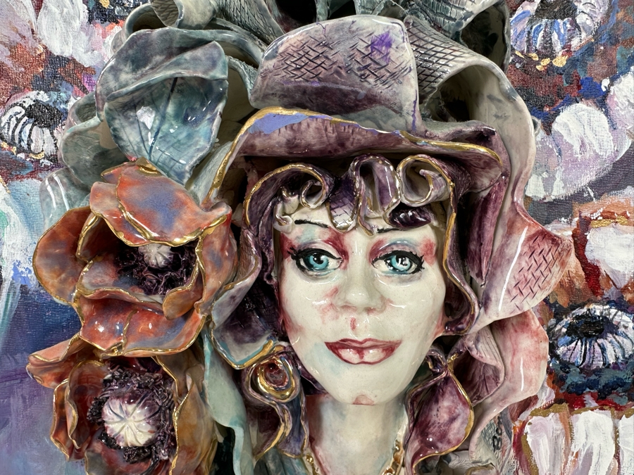 Bonnie Lee Roth (B. 1942, Southern California) Original Mixed-Media 3D Sculpture Mounted On Painted Board Of Woman Surrounded By Flowers 2017 18W X 18H X 4D [Photo 6]