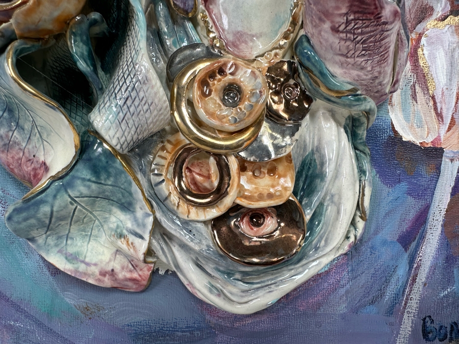 Bonnie Lee Roth (B. 1942, Southern California) Original Mixed-Media 3D Sculpture Mounted On Painted Board Of Woman Surrounded By Flowers 2017 18W X 18H X 4D [Photo 9]