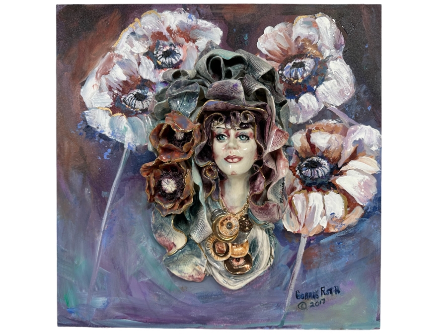 Bonnie Lee Roth (B. 1942, Southern California) Original Mixed-Media 3D Sculpture Mounted On Painted Board Of Woman Surrounded By Flowers 2017 18W X 18H X 4D [Photo 1]
