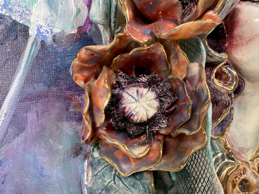 Bonnie Lee Roth (B. 1942, Southern California) Original Mixed-Media 3D Sculpture Mounted On Painted Board Of Woman Surrounded By Flowers 2017 18W X 18H X 4D [Photo 18]