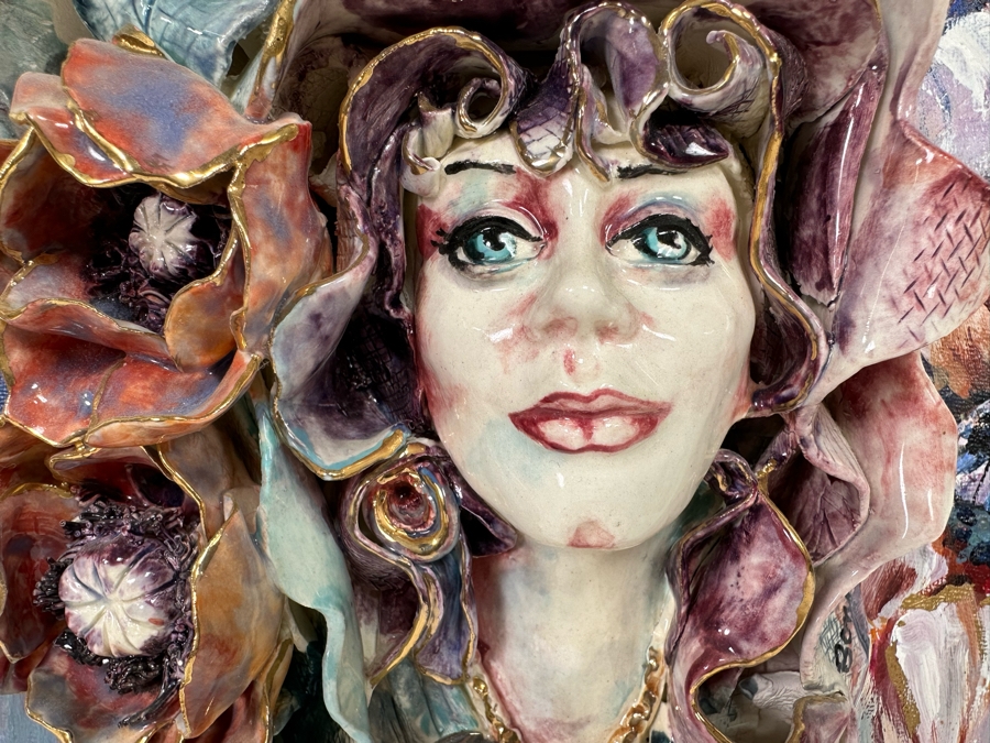 Bonnie Lee Roth (B. 1942, Southern California) Original Mixed-Media 3D Sculpture Mounted On Painted Board Of Woman Surrounded By Flowers 2017 18W X 18H X 4D [Photo 7]