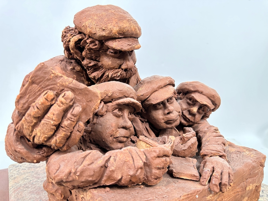 Bonnie Lee Roth (B. 1942, Southern California) Original Large Clay Sculpture Of Jewish Father Studying With Three Sons On Marble Wooden Base 19W X 19D X 16H [Photo 11]