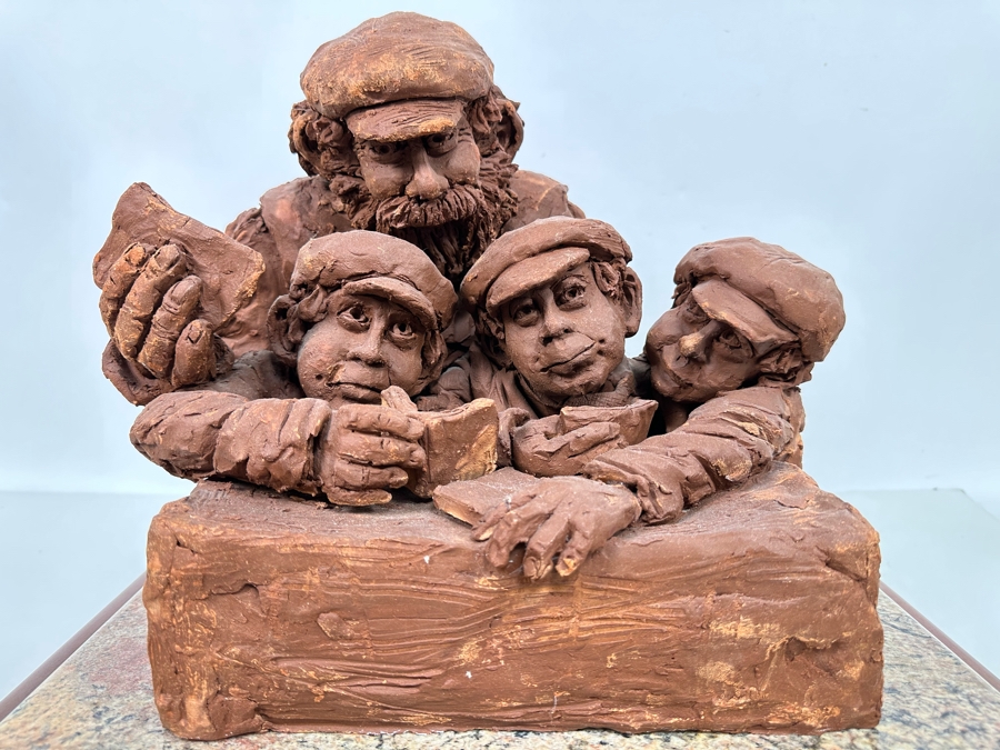 Bonnie Lee Roth (B. 1942, Southern California) Original Large Clay Sculpture Of Jewish Father Studying With Three Sons On Marble Wooden Base 19W X 19D X 16H [Photo 4]