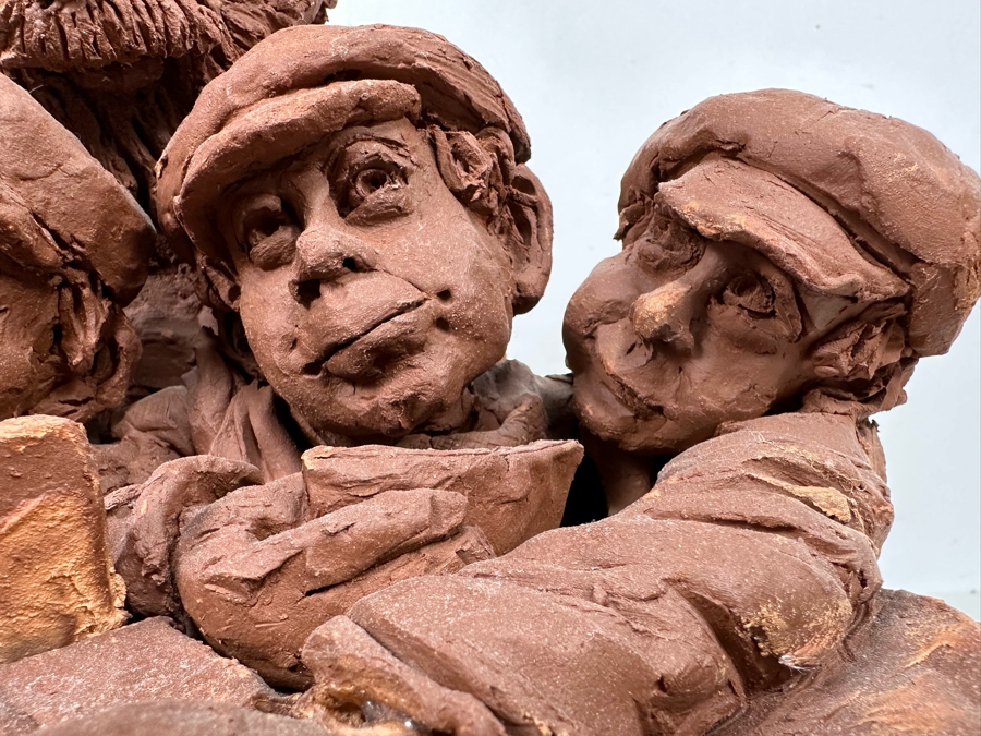 Bonnie Lee Roth (B. 1942, Southern California) Original Large Clay Sculpture Of Jewish Father Studying With Three Sons On Marble Wooden Base 19W X 19D X 16H [Photo 8]