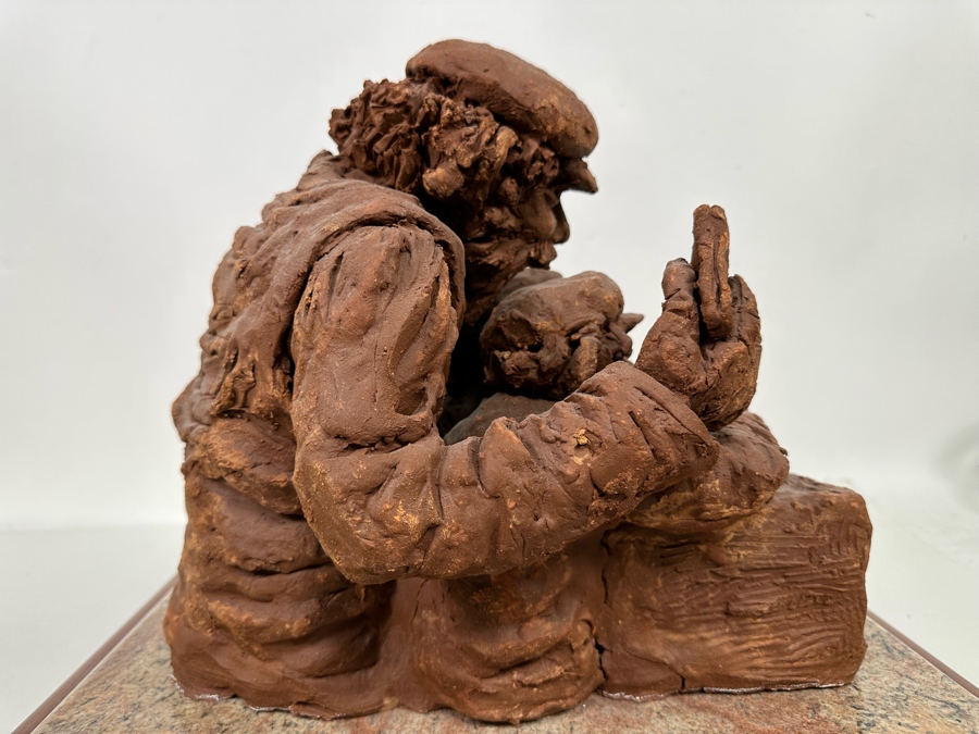 Bonnie Lee Roth (B. 1942, Southern California) Original Large Clay Sculpture Of Jewish Father Studying With Three Sons On Marble Wooden Base 19W X 19D X 16H [Photo 13]
