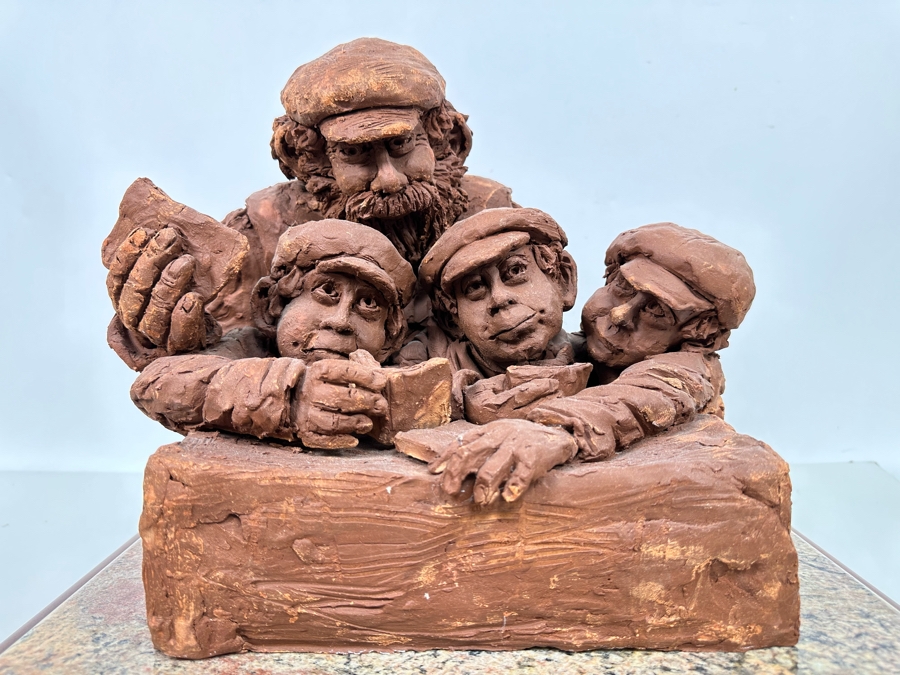 Bonnie Lee Roth (B. 1942, Southern California) Original Large Clay Sculpture Of Jewish Father Studying With Three Sons On Marble Wooden Base 19W X 19D X 16H [Photo 5]