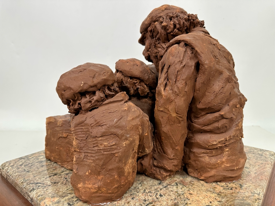 Bonnie Lee Roth (B. 1942, Southern California) Original Large Clay Sculpture Of Jewish Father Studying With Three Sons On Marble Wooden Base 19W X 19D X 16H [Photo 16]
