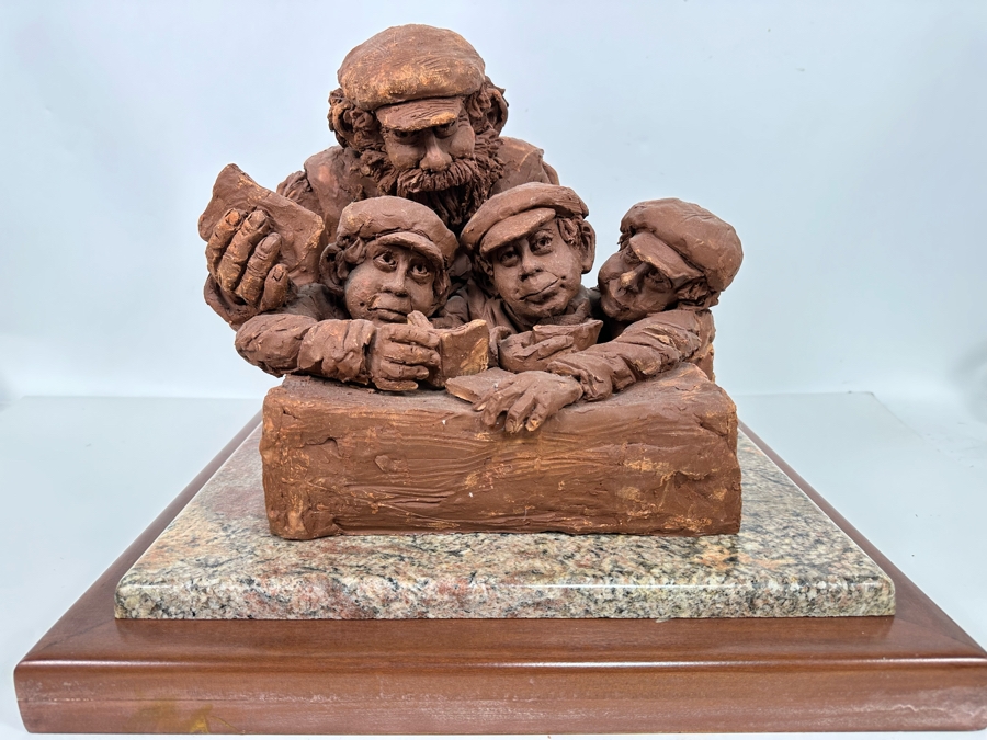 Bonnie Lee Roth (B. 1942, Southern California) Original Large Clay Sculpture Of Jewish Father Studying With Three Sons On Marble Wooden Base 19W X 19D X 16H [Photo 3]