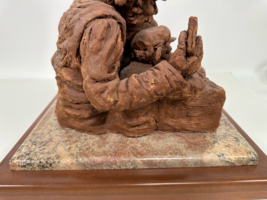 Bonnie Lee Roth (B. 1942, Southern California) Original Large Clay Sculpture Of Jewish Father Studying With Three Sons On Marble Wooden Base 19W X 19D X 16H [Photo 14]