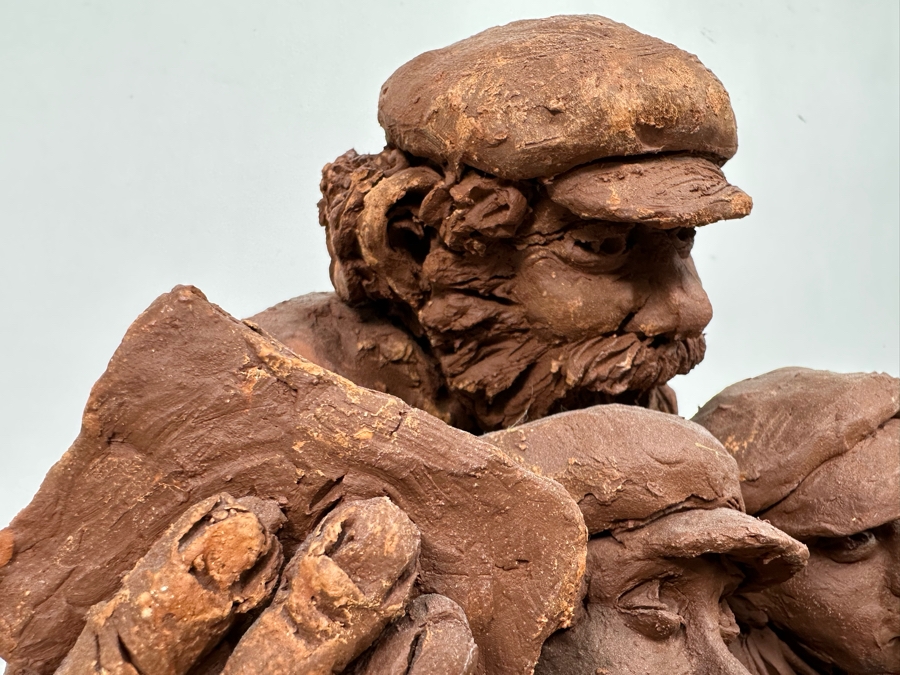 Bonnie Lee Roth (B. 1942, Southern California) Original Large Clay Sculpture Of Jewish Father Studying With Three Sons On Marble Wooden Base 19W X 19D X 16H [Photo 9]