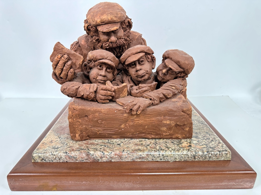 Bonnie Lee Roth (B. 1942, Southern California) Original Large Clay Sculpture Of Jewish Father Studying With Three Sons On Marble Wooden Base 19W X 19D X 16H [Photo 2]