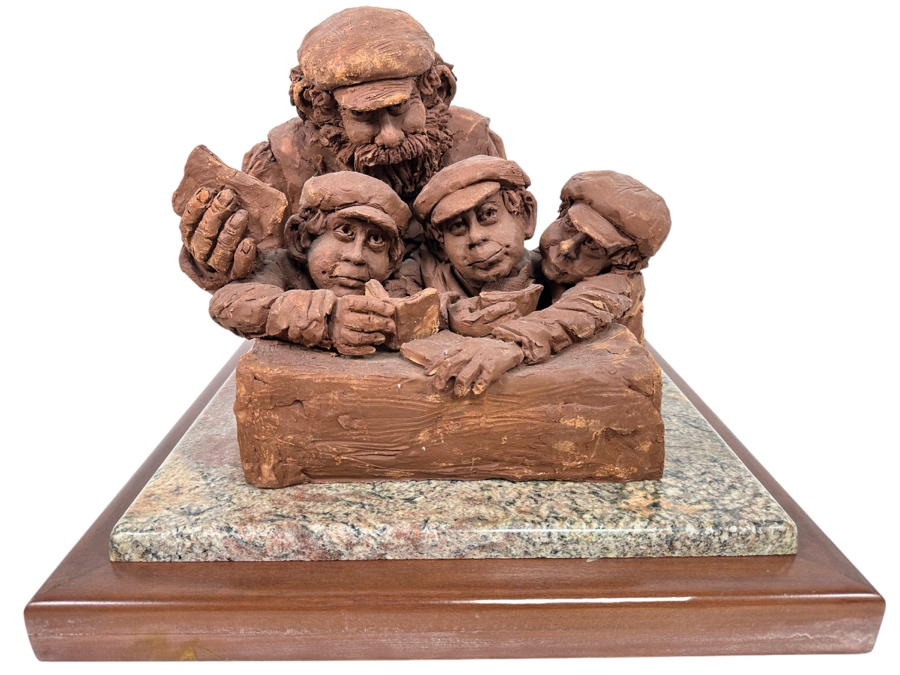 Bonnie Lee Roth (B. 1942, Southern California) Original Large Clay Sculpture Of Jewish Father Studying With Three Sons On Marble Wooden Base 19W X 19D X 16H [Photo 1]