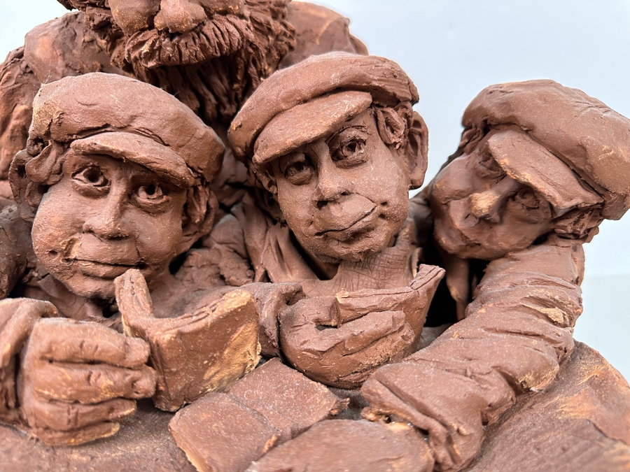 Bonnie Lee Roth (B. 1942, Southern California) Original Large Clay Sculpture Of Jewish Father Studying With Three Sons On Marble Wooden Base 19W X 19D X 16H [Photo 6]