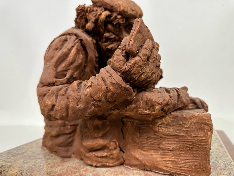 Bonnie Lee Roth (B. 1942, Southern California) Original Large Clay Sculpture Of Jewish Father Studying With Three Sons On Marble Wooden Base 19W X 19D X 16H [Photo 12]