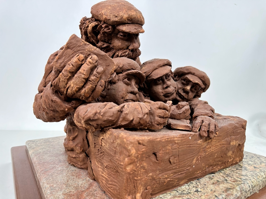 Bonnie Lee Roth (B. 1942, Southern California) Original Large Clay Sculpture Of Jewish Father Studying With Three Sons On Marble Wooden Base 19W X 19D X 16H [Photo 10]