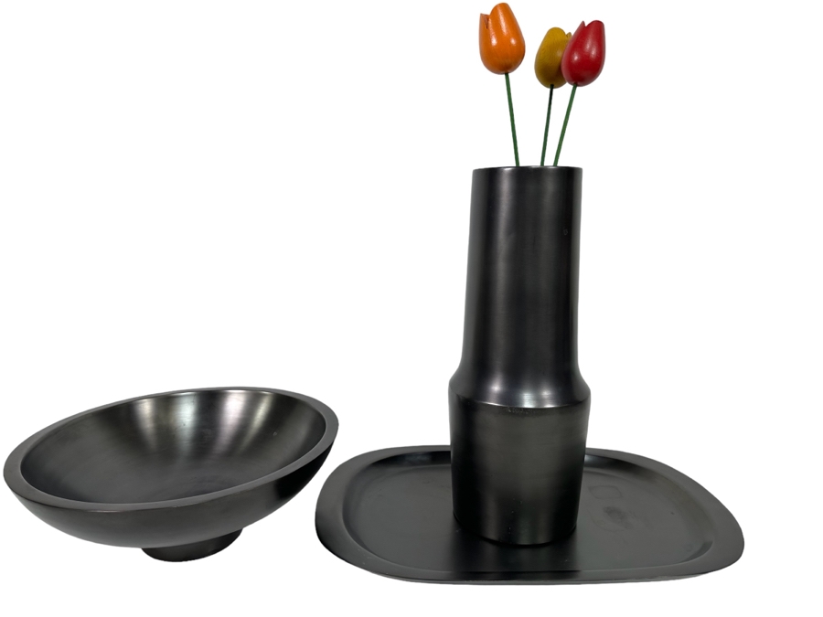 Black Metal Footed Bowl 13R, Platter 18W And Vase 15H With Wooden Flowers